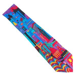 Addiction Men Tie 100% Silk City Scape Blue Red Multi Size 59x4 - NWOT